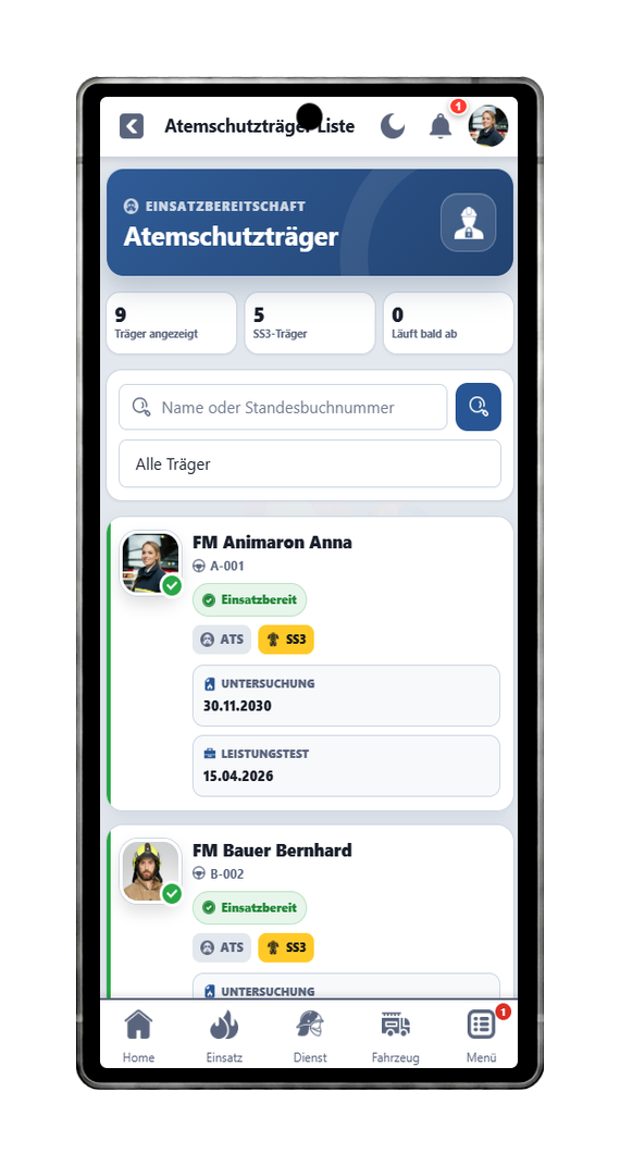 FFWEB Atemschutzträger Übersicht am Handy