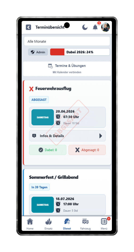 FFWEB Terminübersicht am Handy