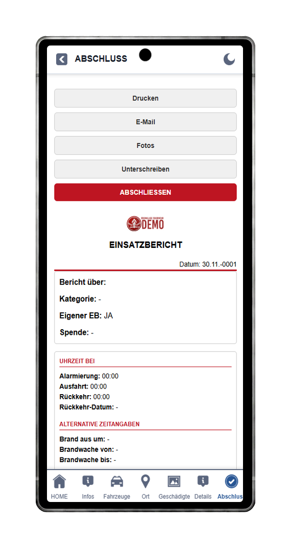 FFWEB Einsatzbericht Abschluss am Handy