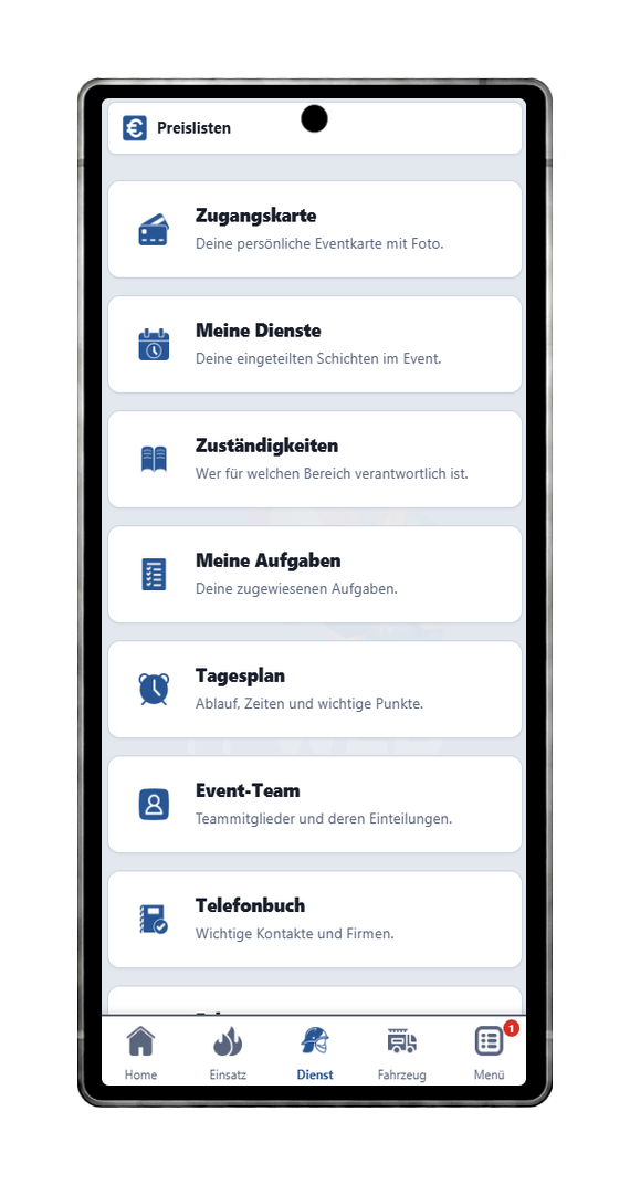 FFWEB Event Planer Dashboard am Handy