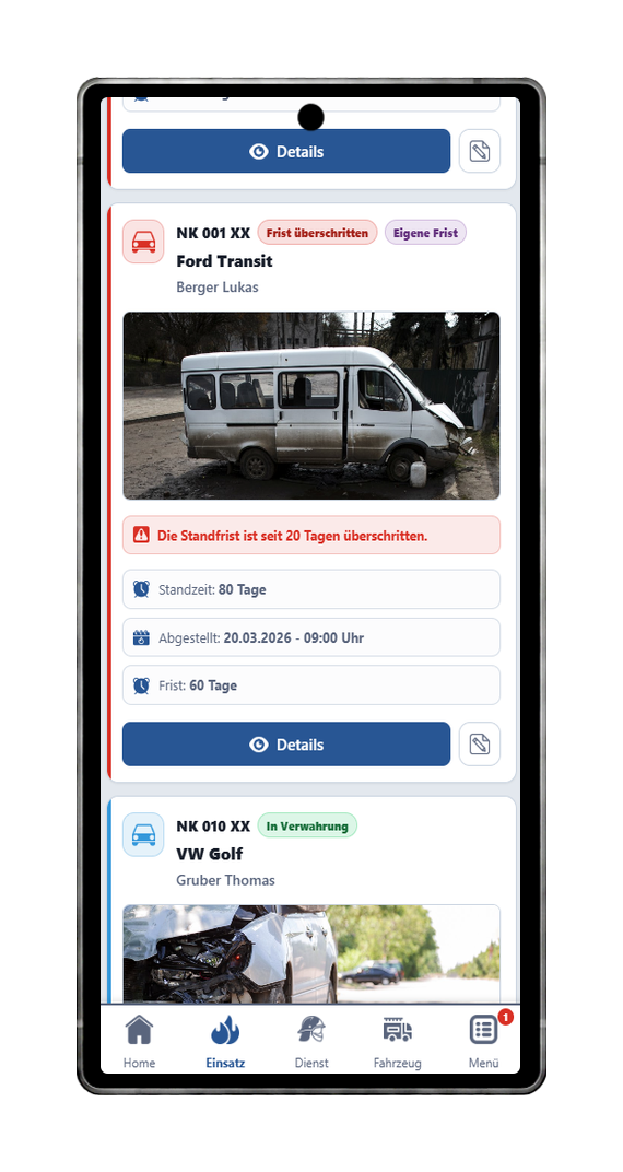 FFWEB verwahrtes Fahrzeug Detailansicht am Handy