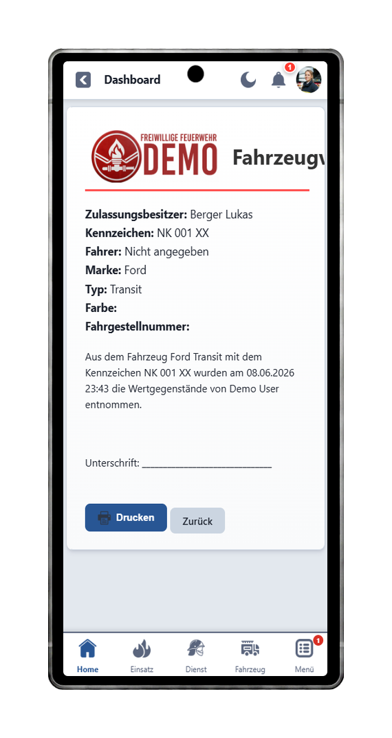 FFWEB Fahrzeugverwahrung Dokumente am Handy