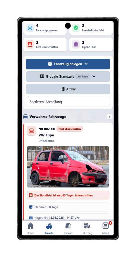 FFWEB verwahrte Fahrzeuge Übersicht am Handy