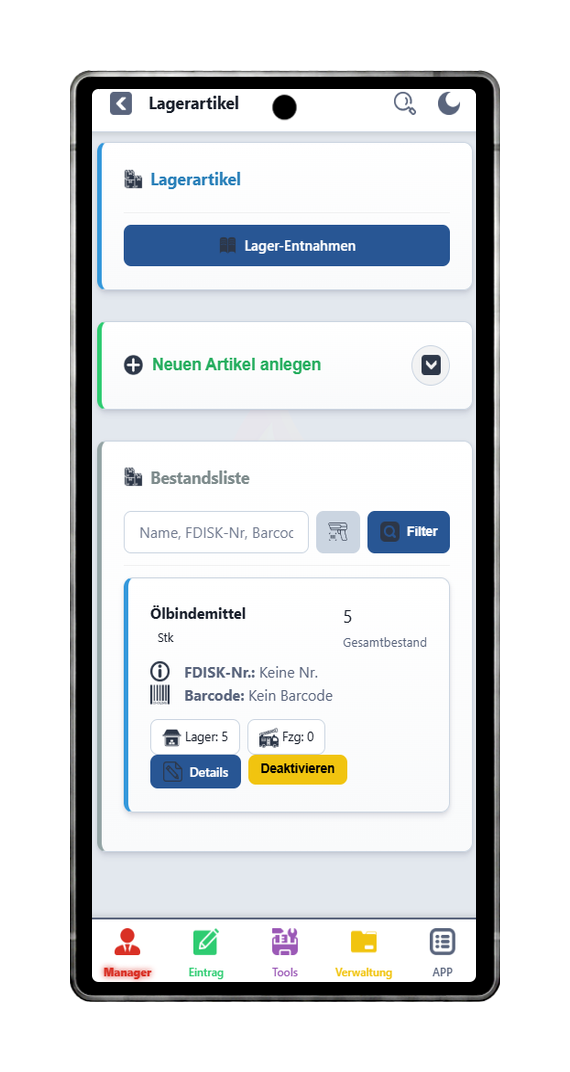 FFWEB Lagerentnahme am Handy